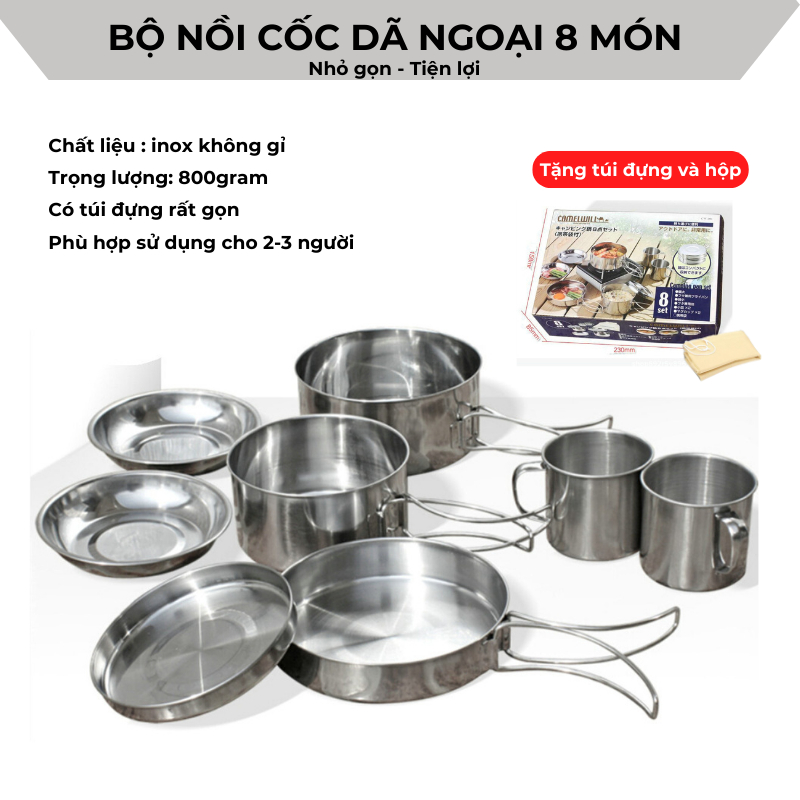 Bộ nồi chảo cốc hiệu CAMEL 8 món, dễ dàng mang đi du lịch cắm trại gọn nhẹ xuất nhật, [DCP2]