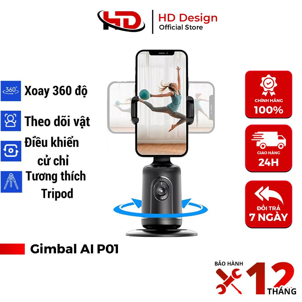 Gimbal AI Kiêm Giá Đỡ Điện Thoại P01 - Cảm Biến Thông Minh Nhận Diện Khuôn Mặt - Xoay 360° - Chính Hãng HD DESIGN