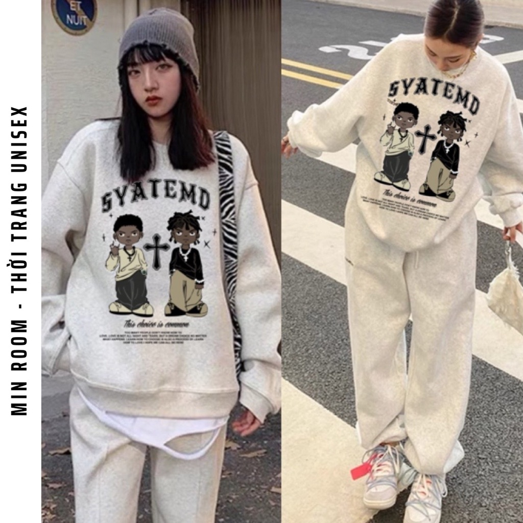 Áo Sweater Nữ Nam Unisex Dáng Oversize Nỉ Bông Form Rộng Xám Tiêu Đen Trắng In Hình SYATEMD Cặp Đôi Lamour HD155