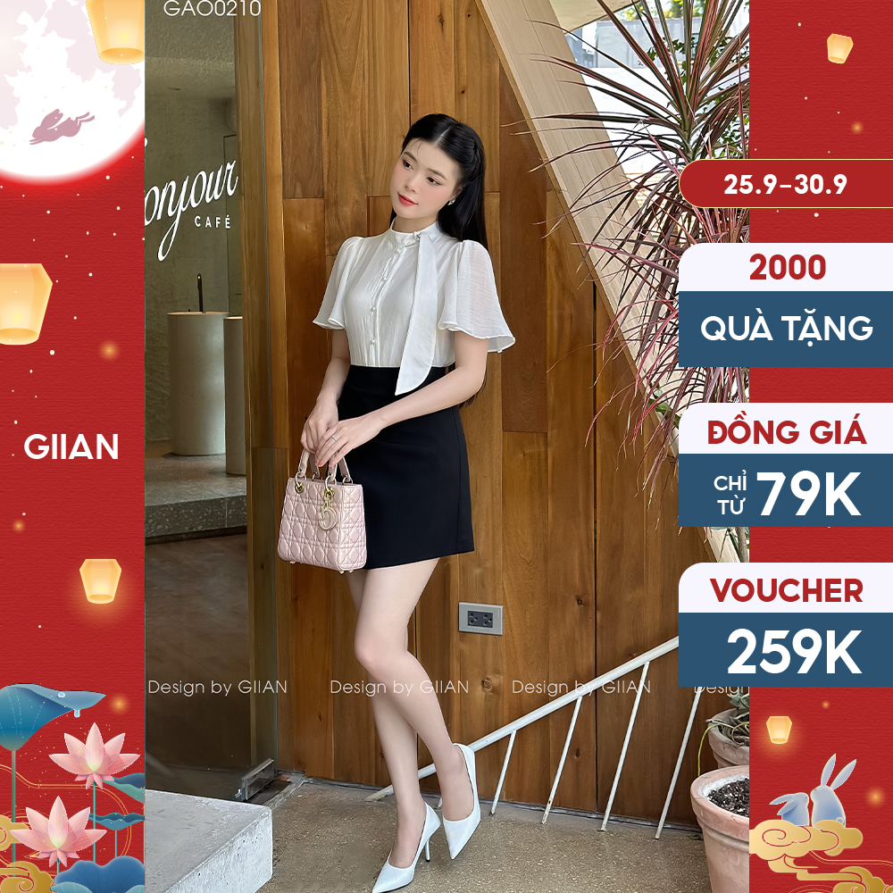 Áo sơ mi trắng cổ nơ cài kết hợp ống tay bèo đính khuy thanh lịch chính hãng Giian - AO0210