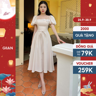Váy xòe dáng dài cổ vuông tay phồng đính họa tiết hoa lan phối dây nơ cách điệu thương hiệu Giian - VA0233