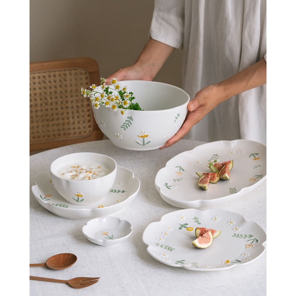 Dĩa chén chủ đề Daisy - bộ chén cốc hoa cúc kiểu Hàn