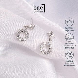 Bông Tai Bạc, Khuyên Tai Tròn Đính Đá Lấp Lánh Kích Thước 8mm,Độ Dài 11mm Chất Liệu Bạc 925 Không Gỉ An Toàn -Bạc Corner