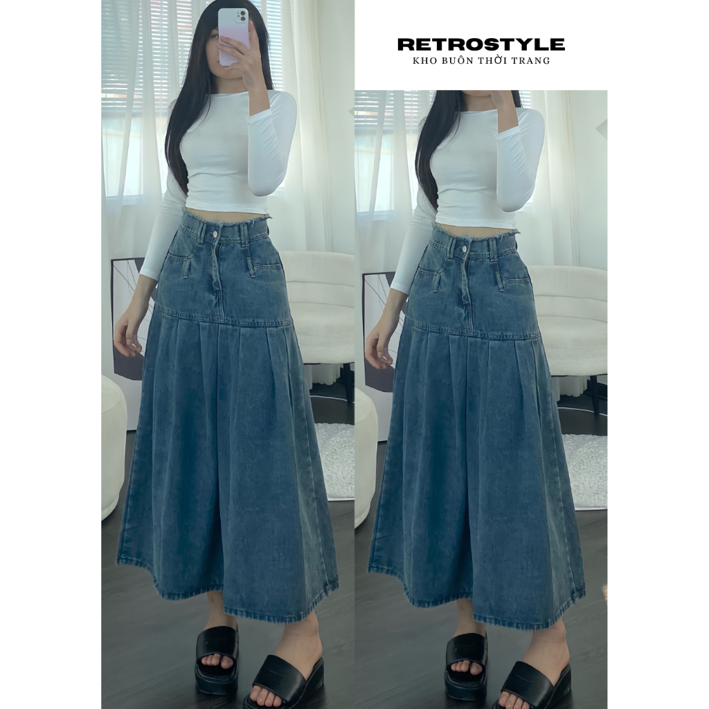 [Mã FAHOLIDAY giảm đến 50k đơn từ 99k] Chân váy jean xếp ly dáng dài - Retrostyle - CVJeancaptuarua1321.1326_P11K5