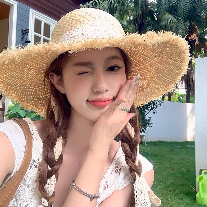 Nón cói rơm dây nơ ren vành xước vintage
