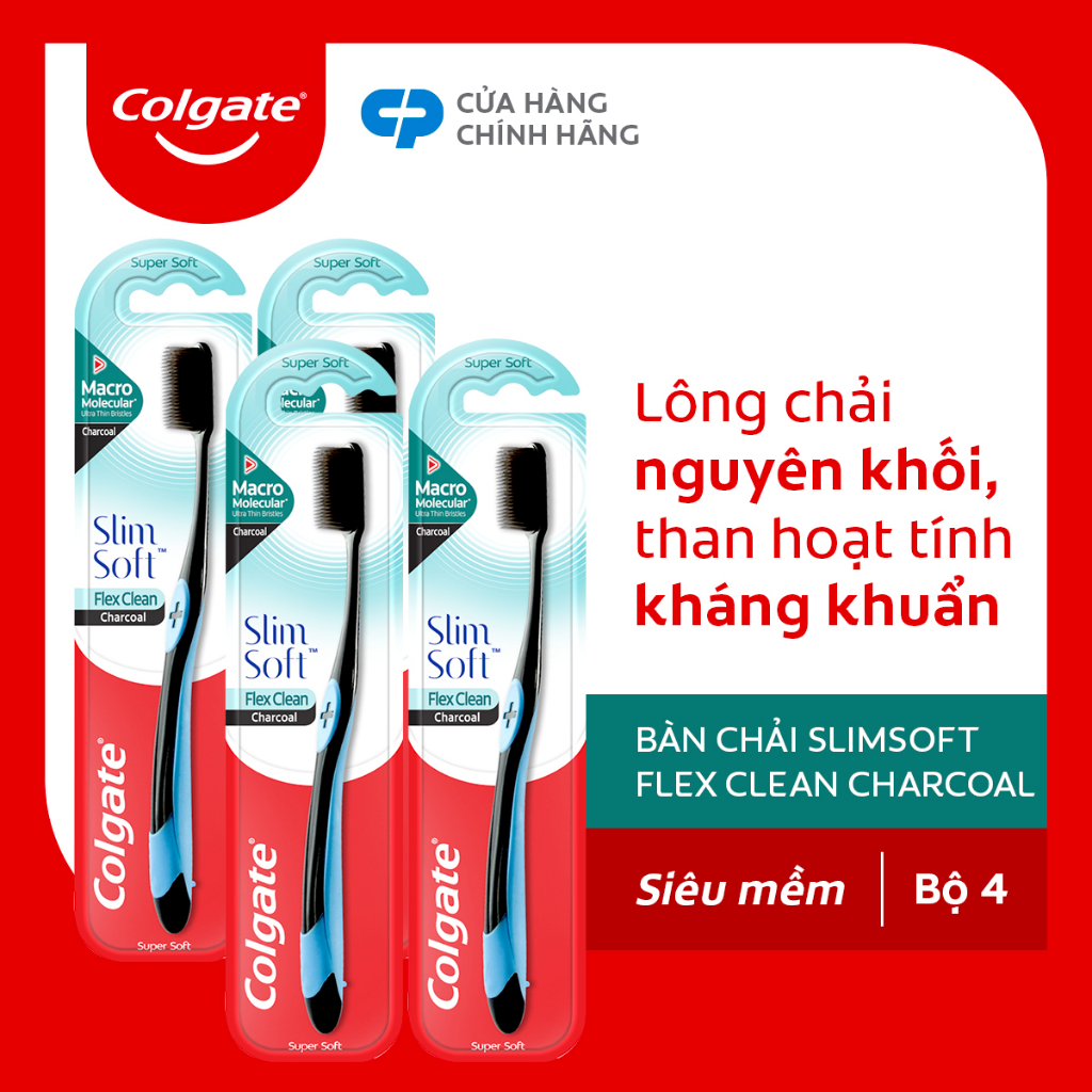 Bộ 4 Bàn chải Colgate Slimsoft Flex Clean Charcoal nguyên khối than hoạt tính kháng khuẩn