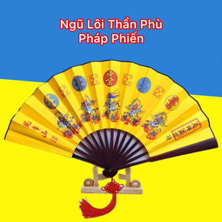Quạt lụa Ngũ lôi thần phù Pháp phiến tặng kèm kệ