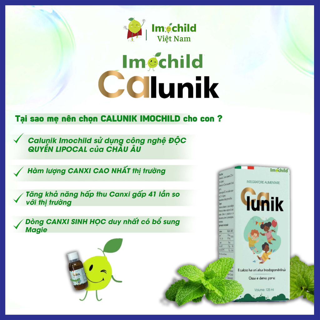 Combo 2 Hộp Canxi Sinh Học CALUNIK Imochild Hỗ Trợ Phát Triển Chiều Cao Cho Bé - Lọ 125ml