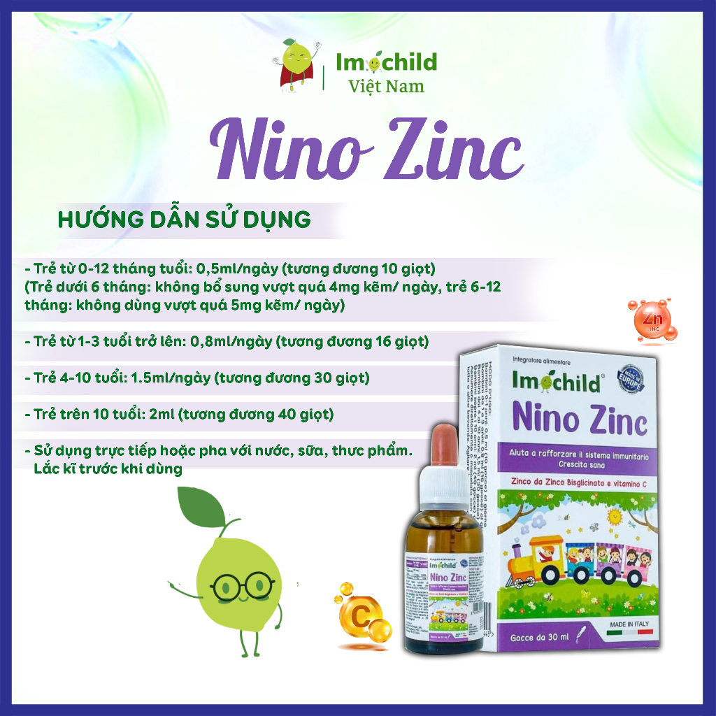 Combo 2 Hộp Kẽm Nhỏ Giọt Cho Trẻ Sơ Sinh NINO ZINC Cải Thiện Biếng Ăn Tăng Đề Kháng - IMOCHILD Kiện 2 Hộp