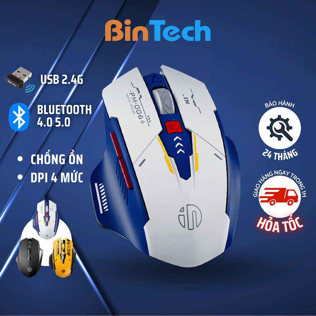Chuột gaming không dây bluetooth sạc pin BINTECH Inphic F9 chơi game chuyên nghiệp kết nối Bluetooth, Wireless 2.4G