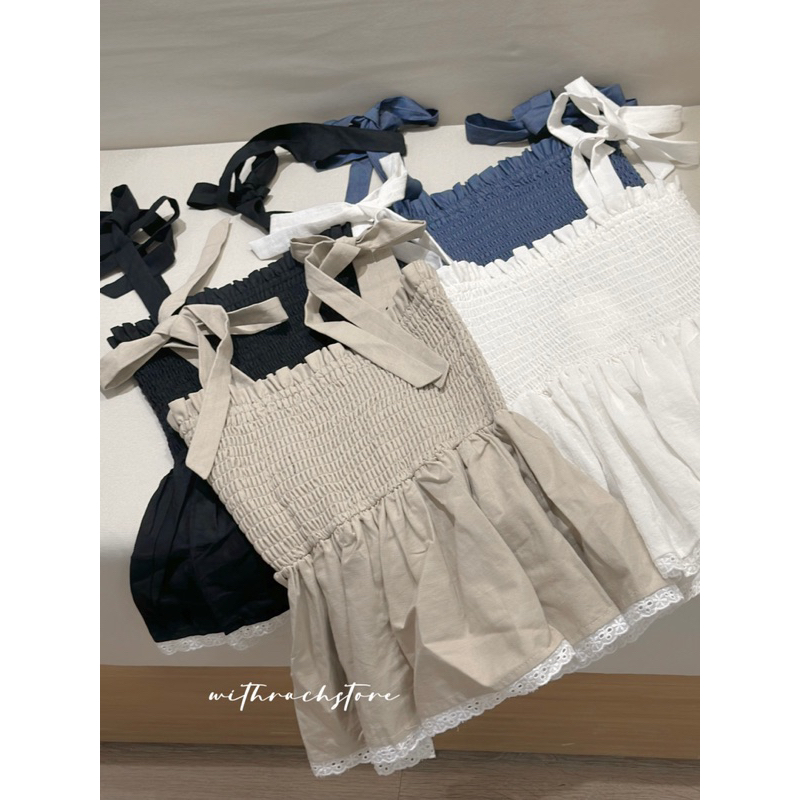 Áo Kiểu - 1950 - 2 Dây Cột Nơ - Nhún - Lai Viền Ren