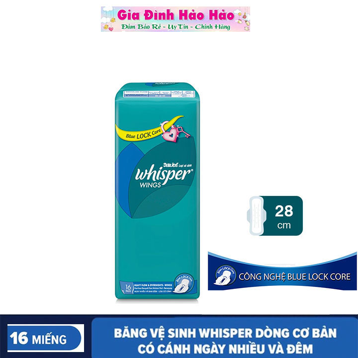 BVS Băng vệ sinh Whisper Dòng Cơ Bản có cánh 28cm cho ngày nhiều và đêm - Gói 16 miếng