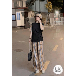 Sét Bộ Nữ Áo Phông Thun Form Thụng Tay Lỡ Kèm Quần Dài kẻ Ông Rộng