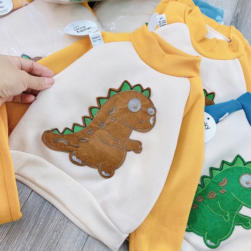 Bộ Nỉ Bông Cho Bé, Bộ Quần Áo Thu Đông Khủng Long Dày Ấm Cho Bé Trai Bé Gái Từ 8 - 18kg