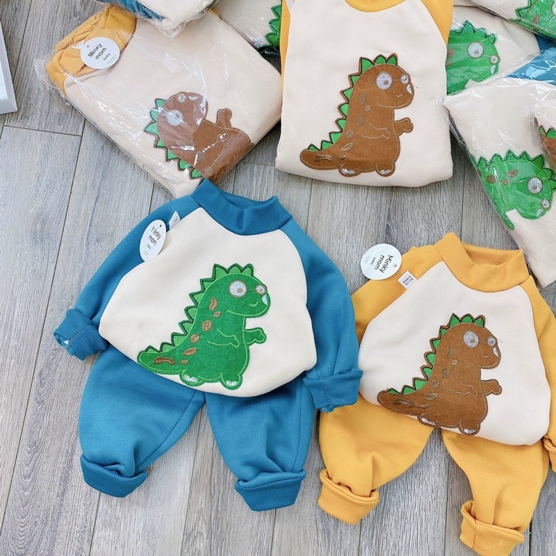 Bộ Nỉ Bông Cho Bé, Bộ Quần Áo Thu Đông Khủng Long Dày Ấm Cho Bé Trai Bé Gái Từ 8 - 18kg