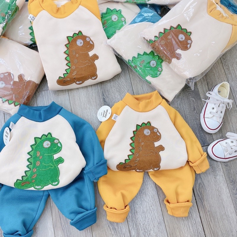 Bộ Nỉ Bông Cho Bé, Bộ Quần Áo Thu Đông Khủng Long Dày Ấm Cho Bé Trai Bé Gái Từ 8 - 18kg