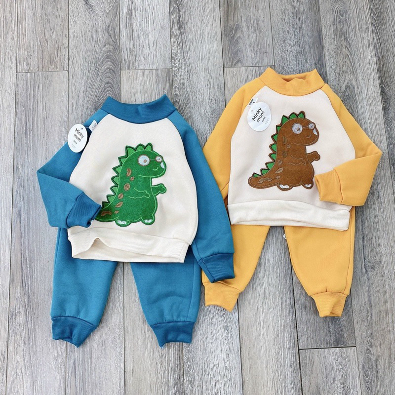 Bộ Nỉ Bông Cho Bé, Bộ Quần Áo Thu Đông Khủng Long Dày Ấm Cho Bé Trai Bé Gái Từ 8 - 18kg