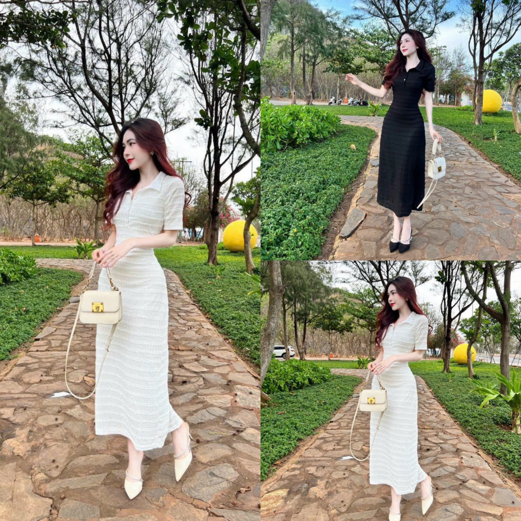 Đầm váy nữ cổ sơ mi họa tiết đóng nút sang chảnh 2 màu xinh xắn tôn dáng quý phái trẻ trung dự tiệc đi chơi
