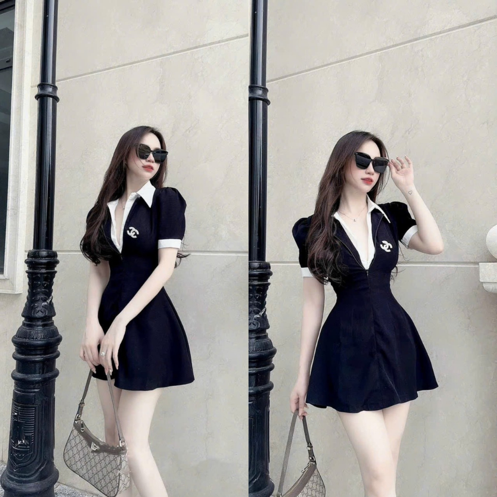 Đầm váy nữ dáng xòe thanh lịch trẻ trung họa tiết cổ sơ mi họa tiết kèm phụ kiện sang chảnh dự tiệc đi chơi