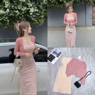  Sét đầm váy 2 dât họa tiết kẻ sọc thun gân sang chảnh tôn dáng dễ thương mix áo khoắc tay dài xinh xắn dự tiệc