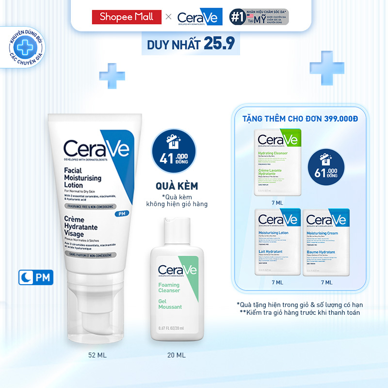 Bộ sản phẩm Cerave Sữa dưỡng ẩm ban đêm (52ml) & sữa rửa mặt làm sạch sâu cho da dầu