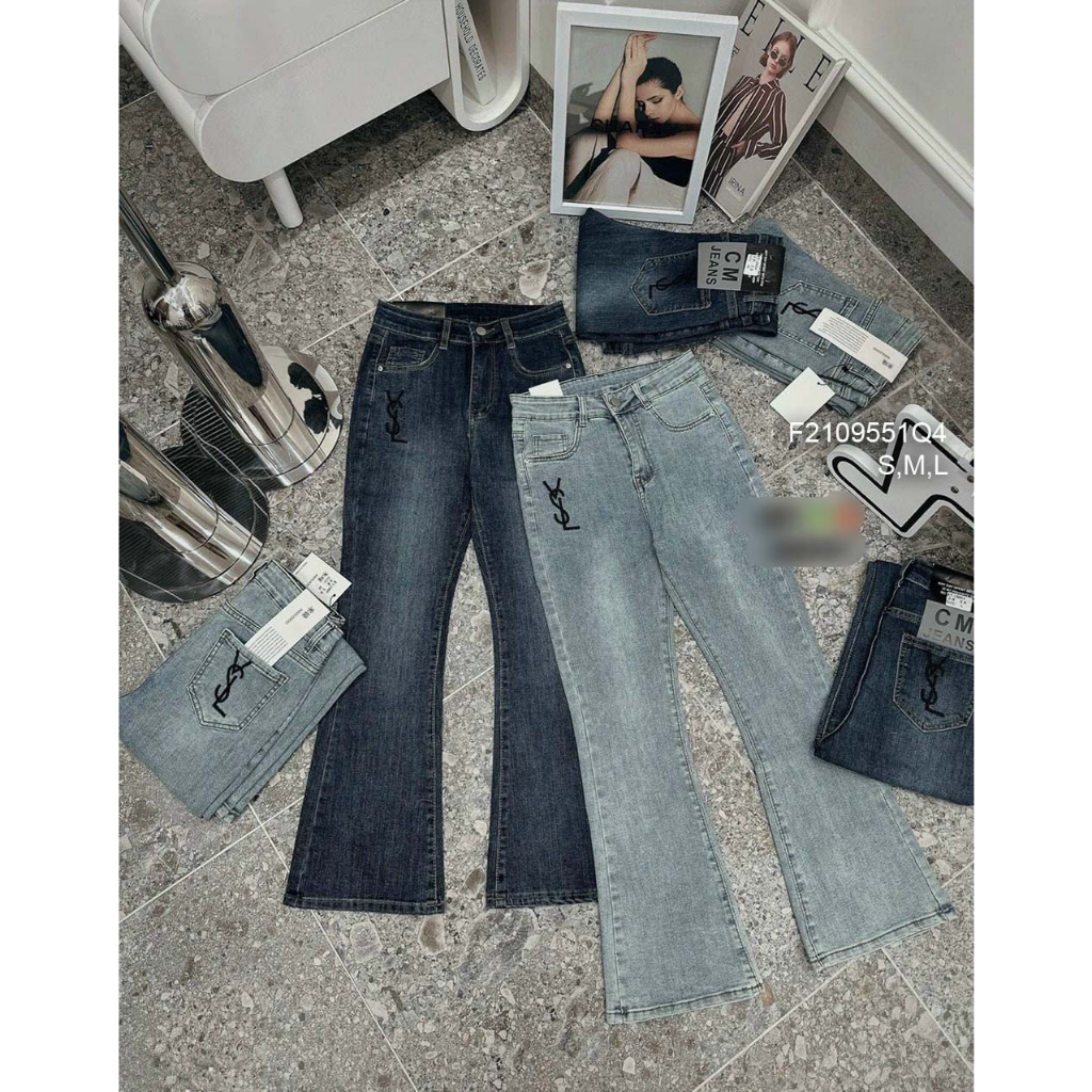Quần jean dáng dài ống loe phối có túi thêu logo Y.S.L lưng cao tôn dáng!