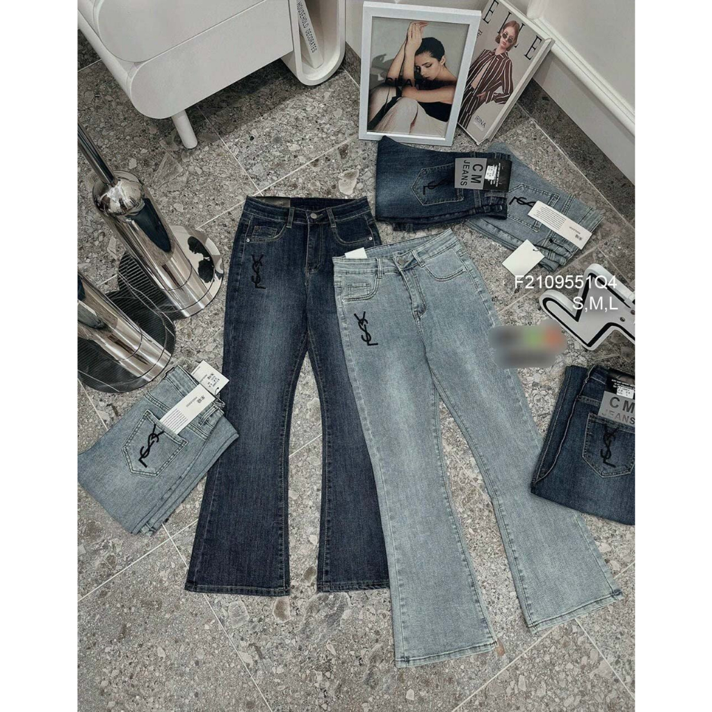 Quần jean dáng dài ống loe phối có túi thêu logo Y.S.L lưng cao tôn dáng!