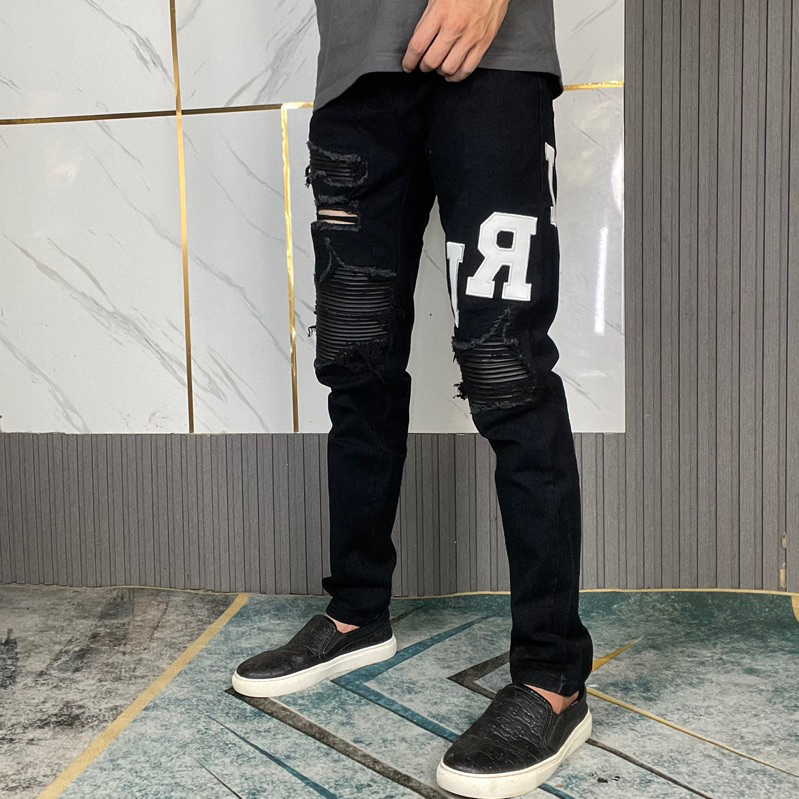 Quần jean bò nam Amiri skinny đen thêu chữ da đùi rách xù vá da 4 cúc  boy phố