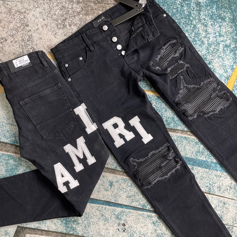 Quần jean bò nam Amiri skinny đen thêu chữ da đùi rách xù vá da 4 cúc  boy phố