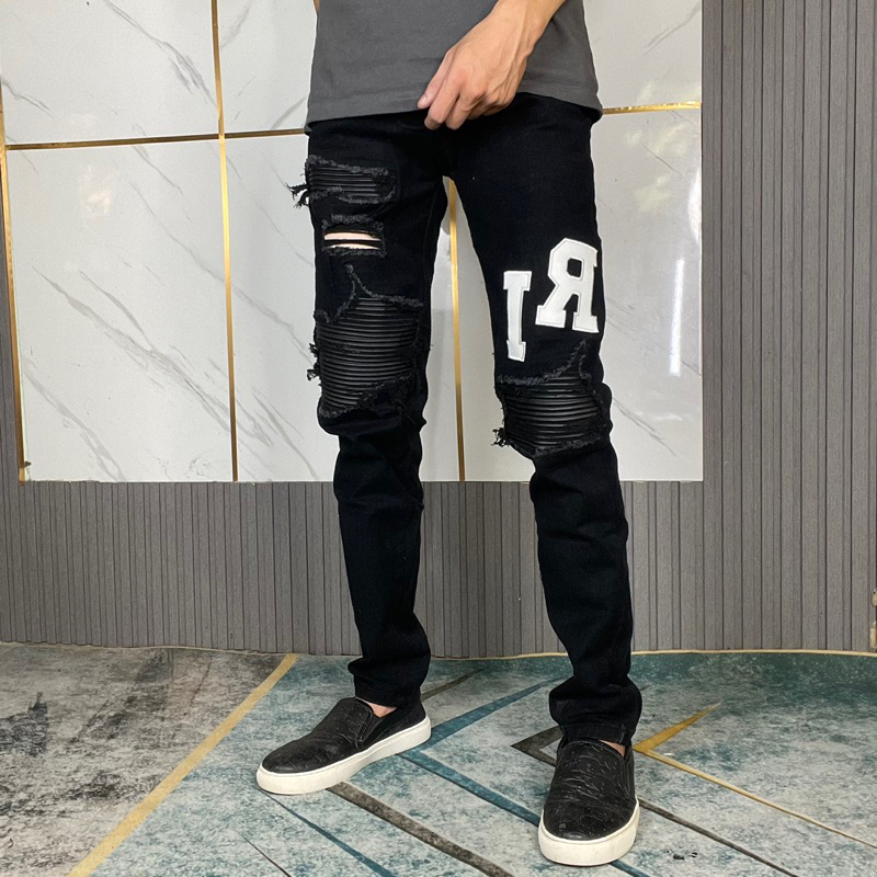 Quần jean bò nam Amiri skinny đen thêu chữ da đùi rách xù vá da 4 cúc  boy phố