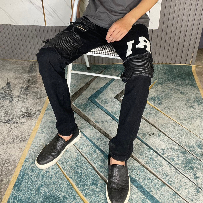 Quần jean bò nam Amiri skinny đen thêu chữ da đùi rách xù vá da 4 cúc  boy phố