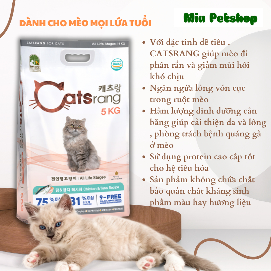 Hạt Catsrang cho mèo, 5KG Thức ăn hạt cho mèo từ 3 tháng tuổi xuất xứ Hàn Quốc - Bao 5kg