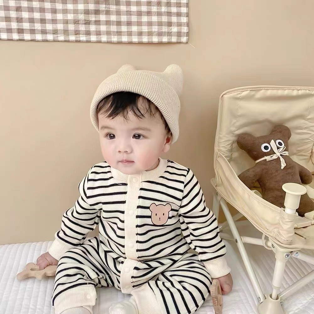 Bodysuit cho bé dài tay chất Tăm gân,Áo liền quần cho bé gái, bé trai  Hình Gấu dễ thương, Mẫu quần áo sơ sinh 0-12M