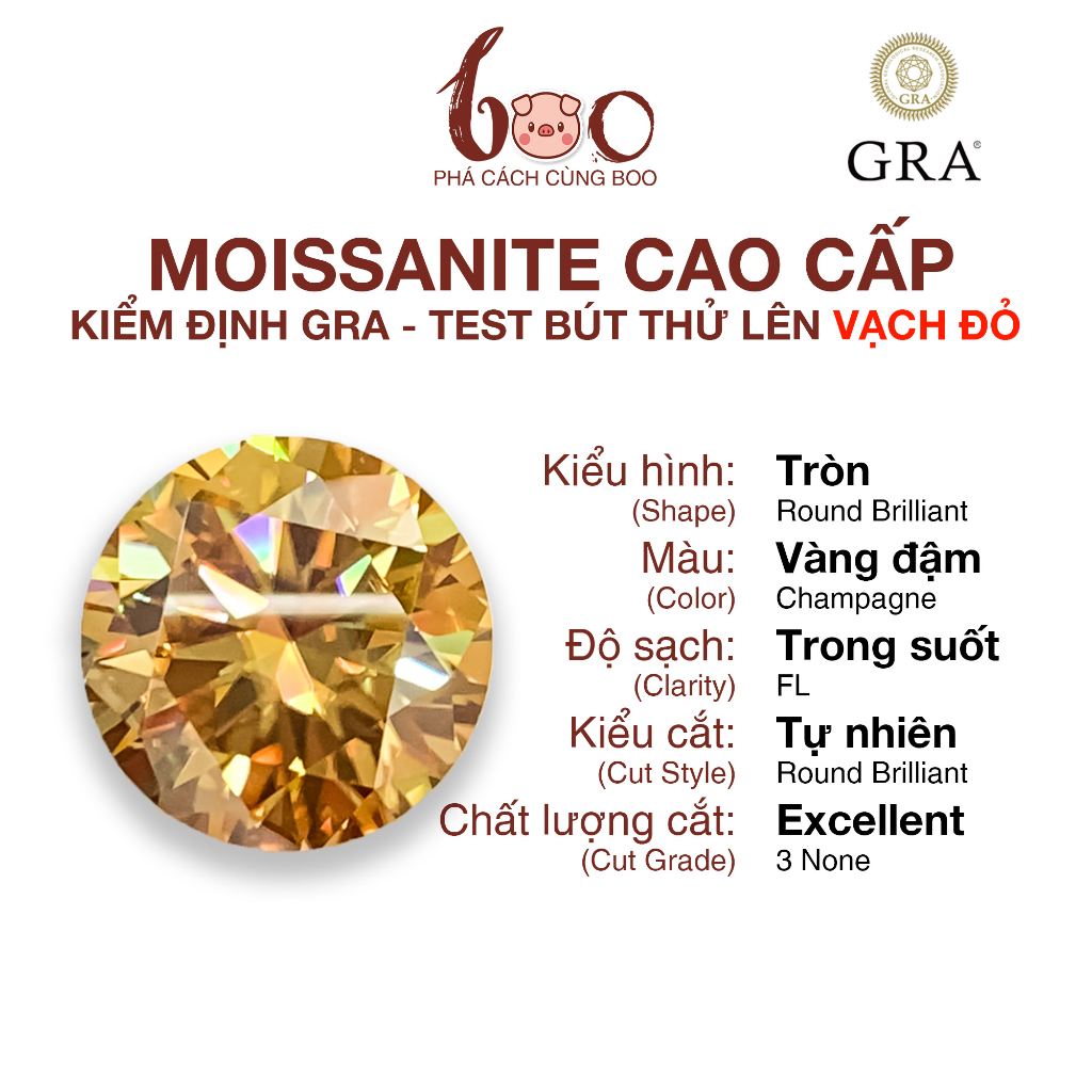 Kim cương nhân tạo Moissanite vàng Champagne, độ sạch: FL Thử bút lên vạch đỏ Kèm Kiểm Định GRA
