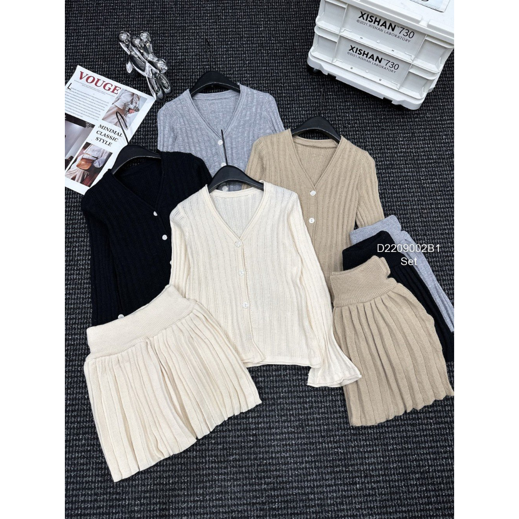 Sét bộ len áo cổ tim gài nút tay dài kèm chân váy xòe ngắn hàng QC!