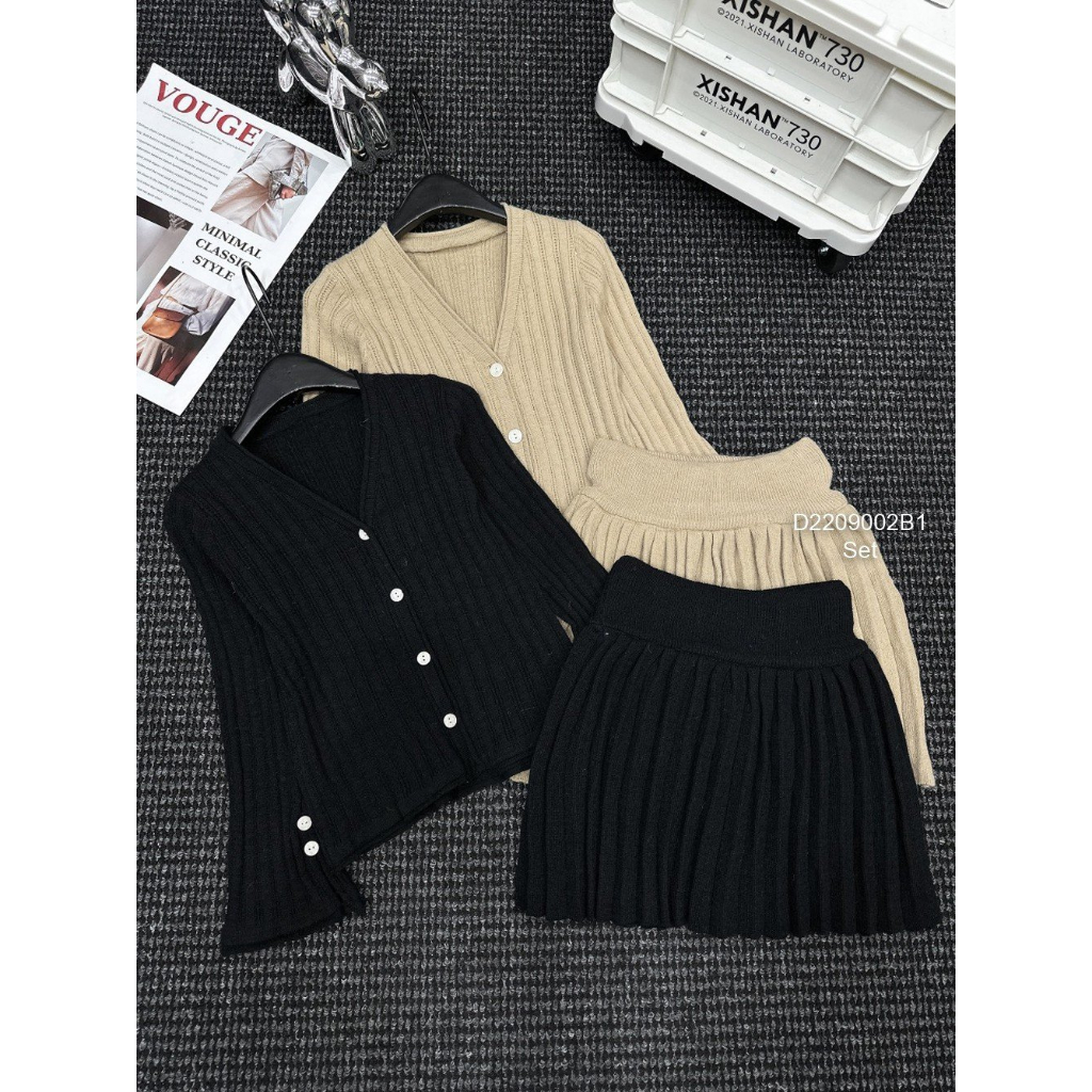 Sét bộ len áo cổ tim gài nút tay dài kèm chân váy xòe ngắn hàng QC!
