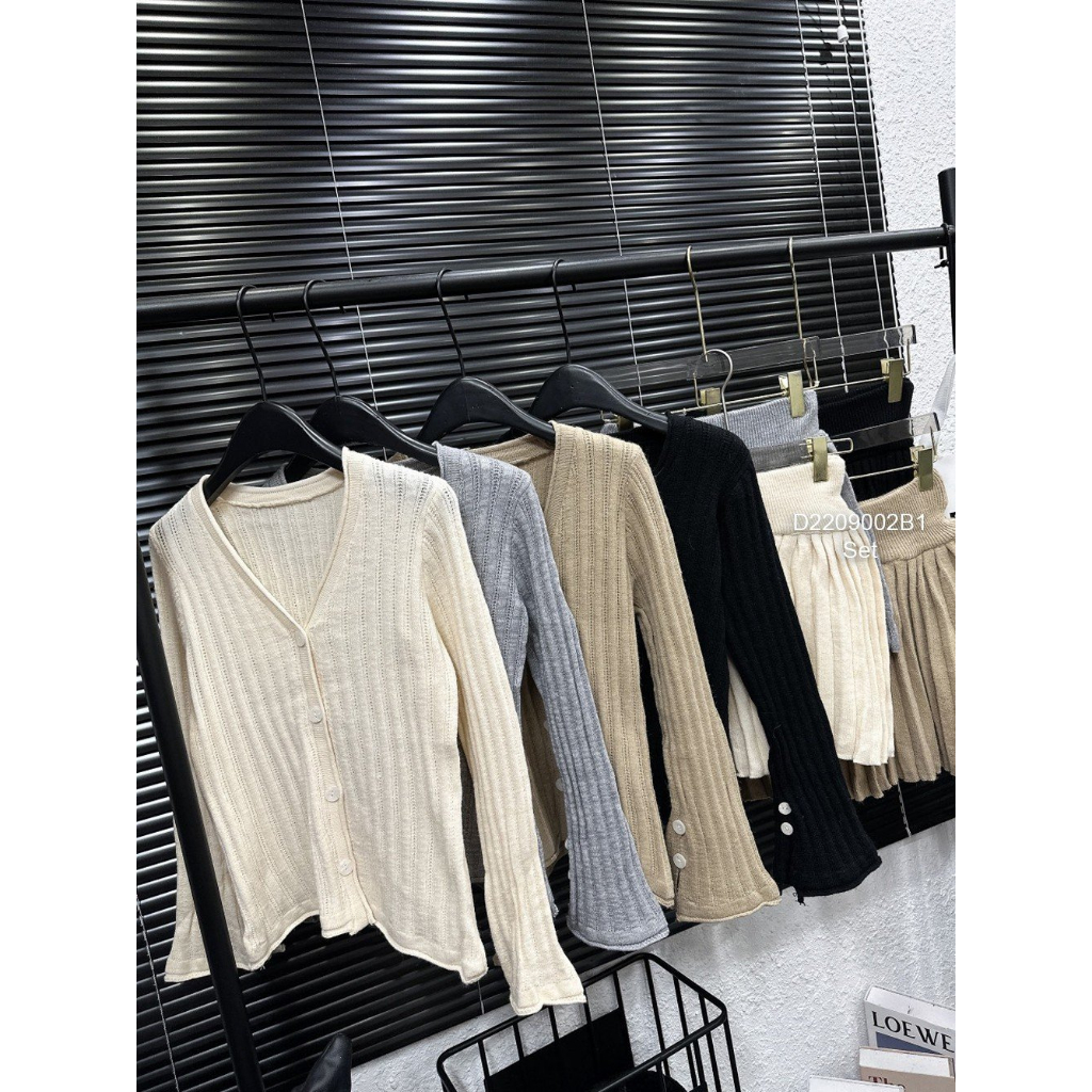 Sét bộ len áo cổ tim gài nút tay dài kèm chân váy xòe ngắn hàng QC!