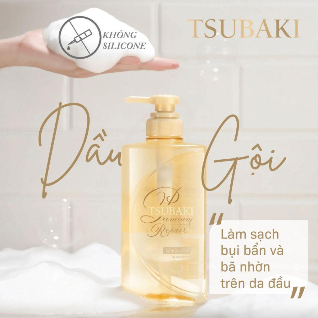 Dầu gội Tsubaki Premium Repair Phục hồi Hư Tổn 490ml - Dầu gội KHÔNG Silicon giúp tóc bồng bềnh - Chính Hãng, Date Mới