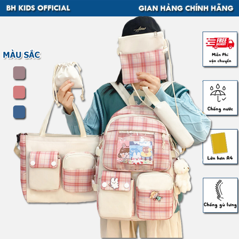 Combo 5 món BH Kids  Balo caro nữ, phiên bản Hàn Quốc, vải Nylon chống nước