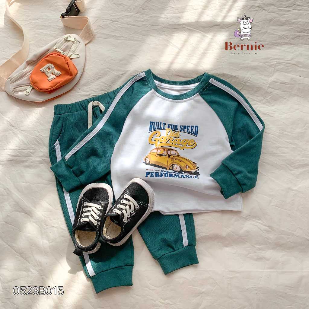 Bộ thu đông bé trai ô tô Old Garage Bernie - Bộ thể thao bé trai dài tay in hình ô tô cho bé từ 9-23kg- 0523B015