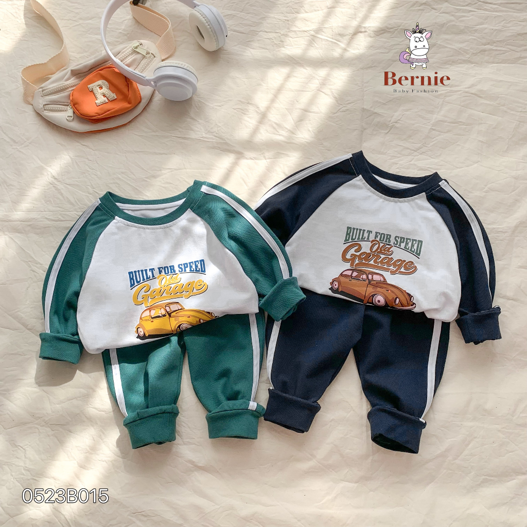 Bộ thu đông bé trai ô tô Old Garage Bernie - Bộ thể thao bé trai dài tay in hình ô tô cho bé từ 9-23kg- 0523B015
