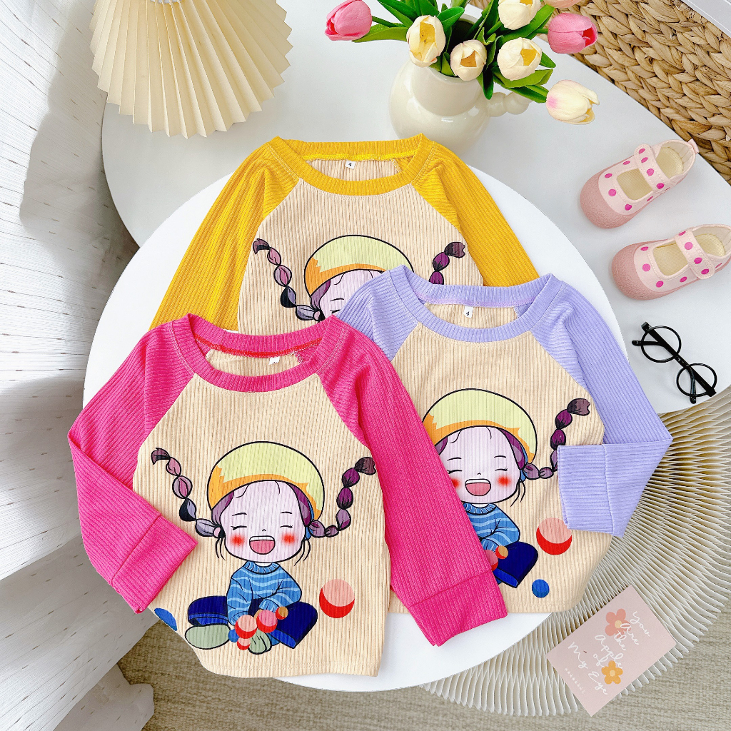 Aó cho bé gái -Mẫu DÀI TAY vải bo gân cotton chất vải thấm hút mồ hôi mát mịn từ 10kg đến 30kg-MẪU DÀITAY1