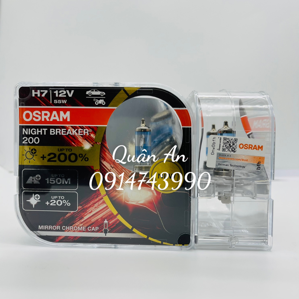 Combo 2 Bóng Đèn Halogen H4, H7 tăng Sáng 200% OSRAM Night Breaker 12V 55W - Nhập Khẩu Chính Hãng