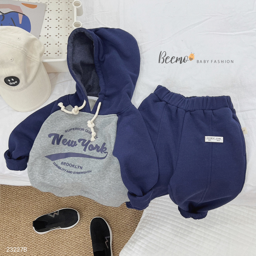 Set bộ hoodie Beemo cho bé trai dài tay in chữ New York chất liệu nỉ da cá dày dặn, giữ ấm tốt mặc thu đông 23227B