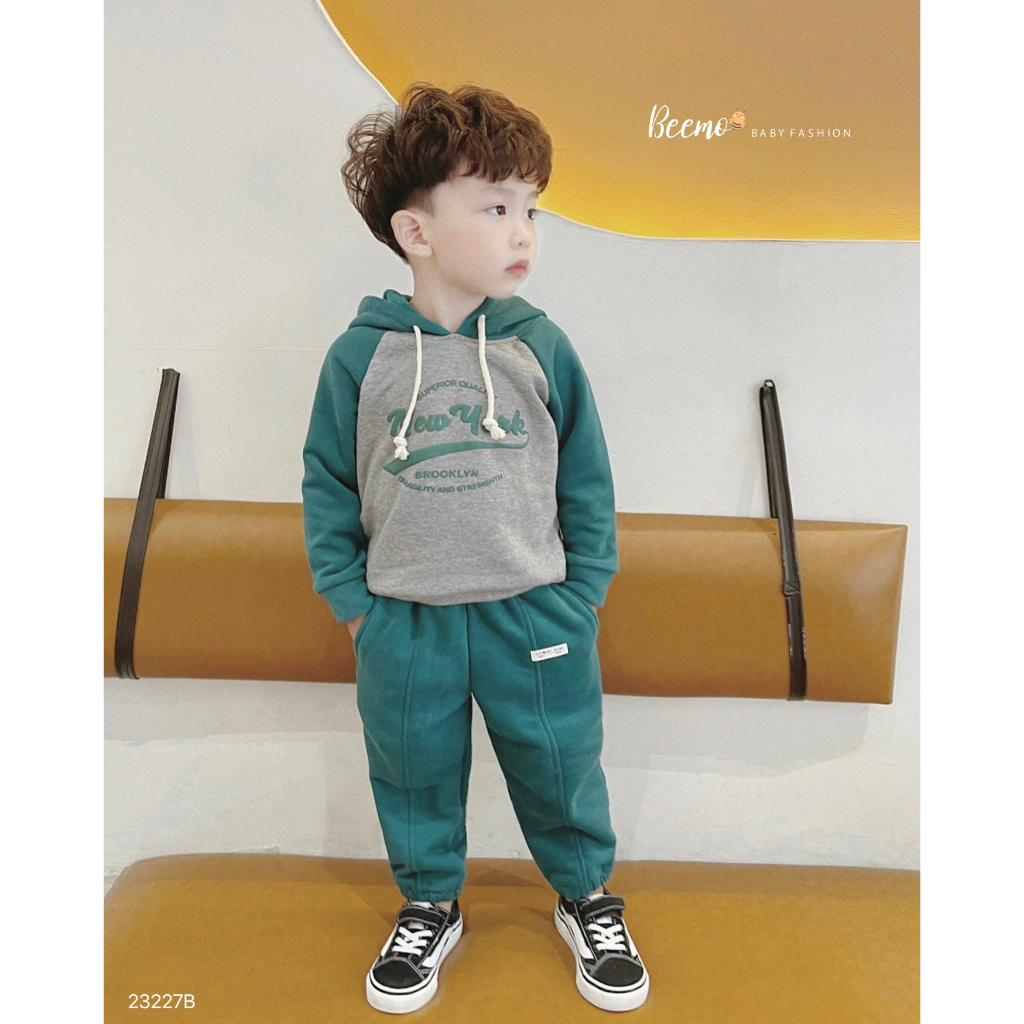 Set bộ hoodie Beemo cho bé trai dài tay in chữ New York chất liệu nỉ da cá dày dặn, giữ ấm tốt mặc thu đông 23227B