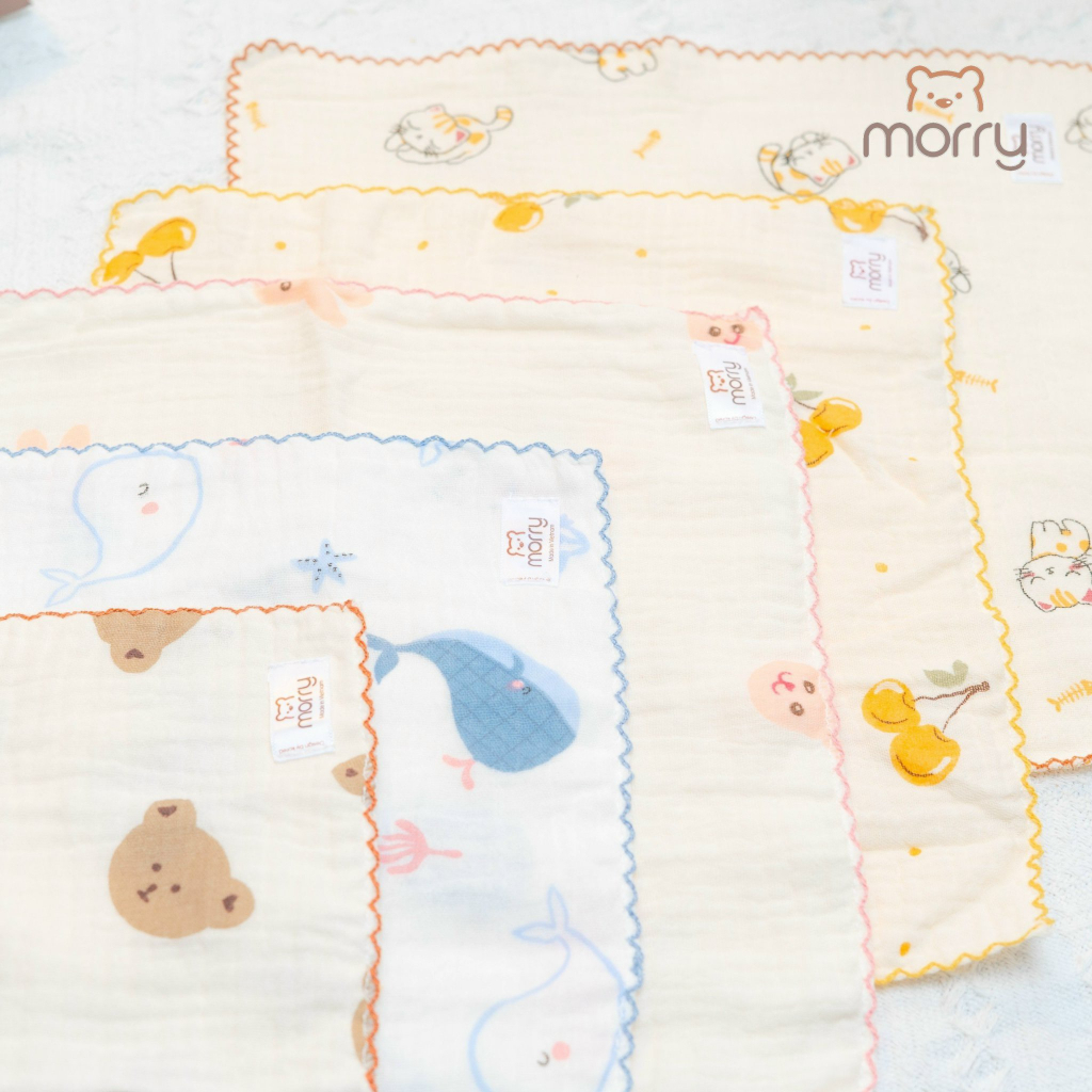 Khăn Sữa Xô Muslin Morry Hộp PP bởi Ấm Baby 2 Lớp Cao Cấp, Mềm Mại Và An Toàn Cho Da Bé 6 cái 30x30cm