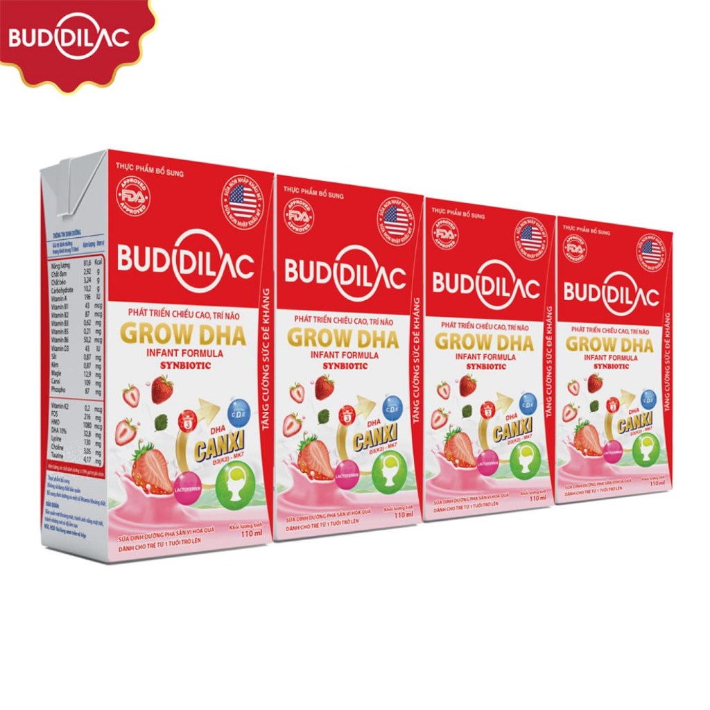 Sữa công thức pha sẵn Buddilac Grow DHA - Thùng 48 hộp