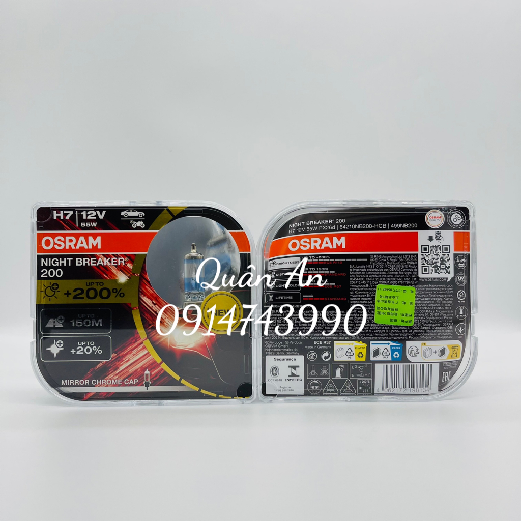 Combo 2 Bóng Đèn Halogen H4, H7 tăng Sáng 200% OSRAM Night Breaker 12V 55W - Nhập Khẩu Chính Hãng