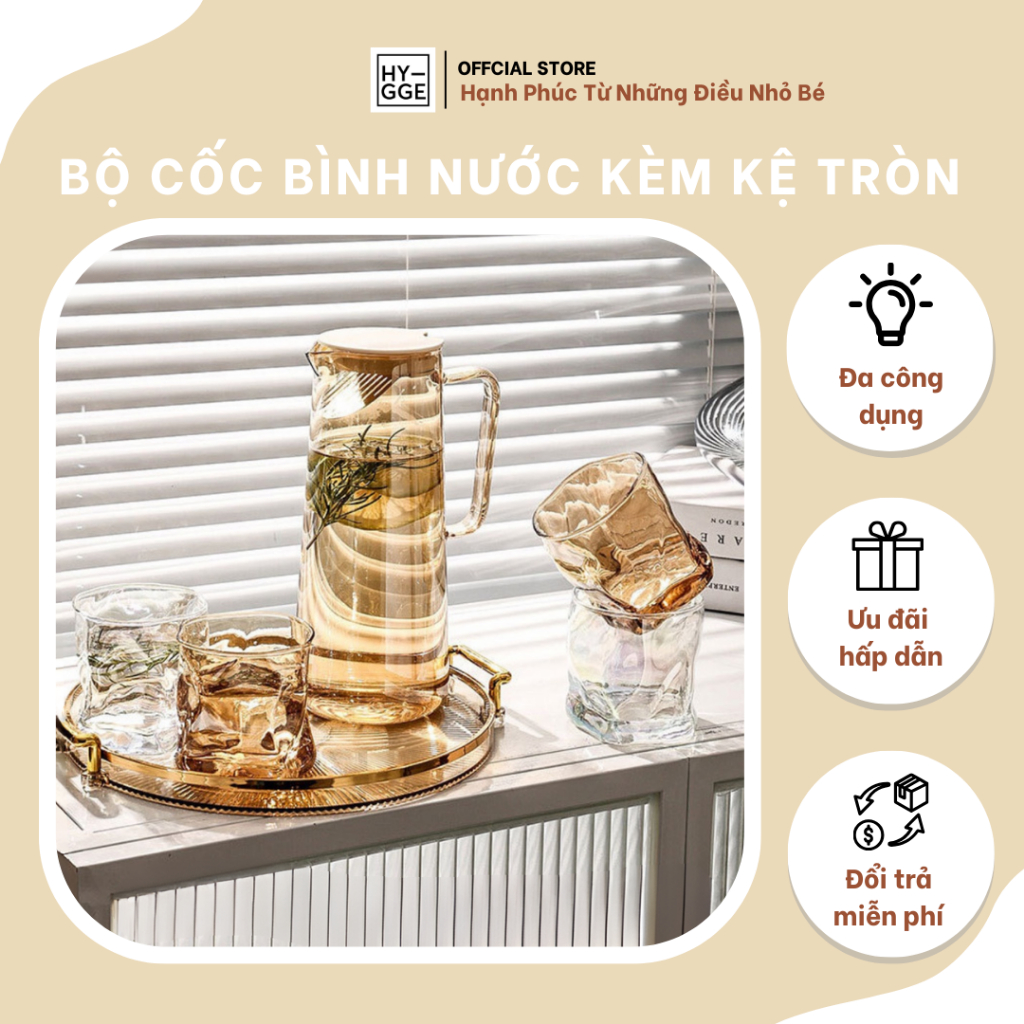 Bộ cốc bình nước thuỷ tinh chịu nhiệt kèm kệ tròn- 4 CỐC