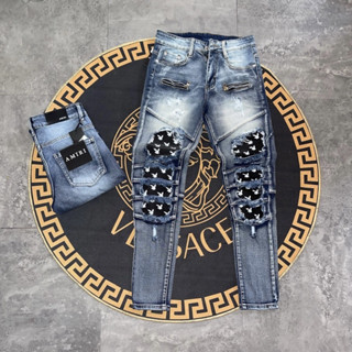 Quần jean Amiri xanh khói Nam khoá đùi phối rách da nhăn thỏ Playboy cực hot 2023